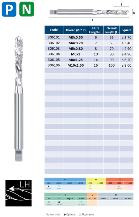 HSSE Cobalt Threading Tap, Left Hand, Tolerance 6H, Reinforced shank, DIN371C (M3 - M10)