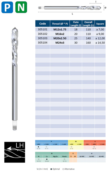 HSSE Cobalt Threading Tap, Left Hand, Tolerance 6H, Thin shank, DIN376/374C (M12 - M24)