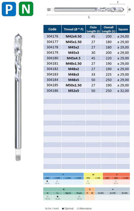 HSSE Cobalt Threading Tap, Tolerance 6H, Thin shank, DIN376/374C (M3 - M52)