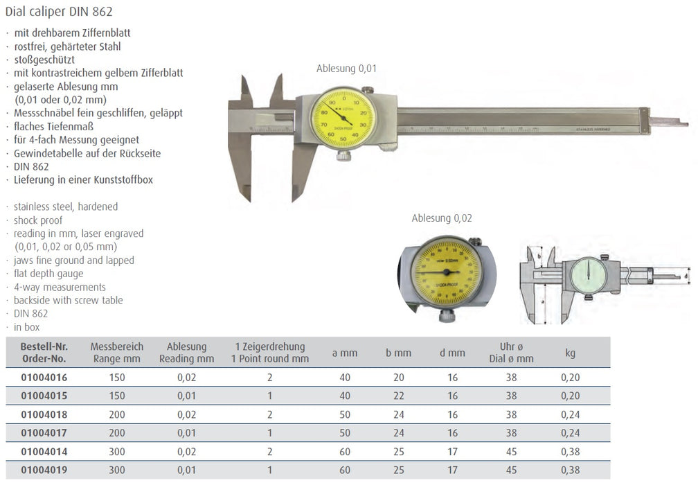 Dial caliper DIN 862, range 150mm, 0.02 reading, 4-way measurements (MIB Germany)