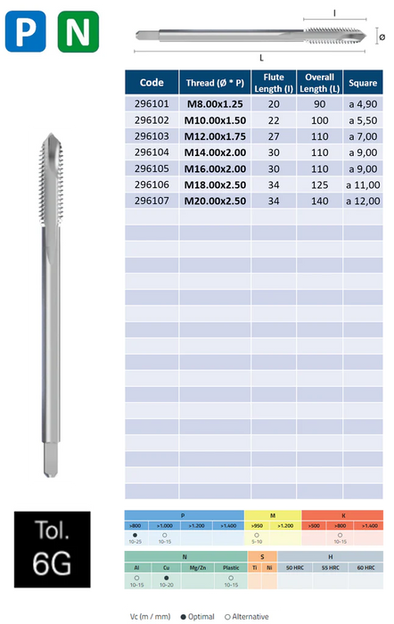 HSSE Cobalt Threading Tap, Tolerance 6G, Thin shank, DIN 376B (M8 - M20)