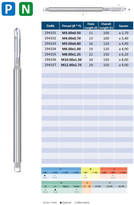 HSSE Cobalt Threading Tap, Long Series, Tolerance 6H, Reinforced shank, DIN371B (M3 - M12)