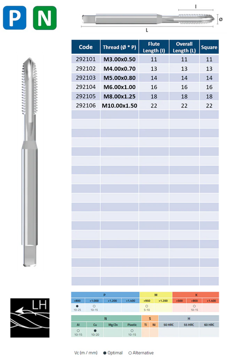 HSSE Cobalt Threading Tap, Left Hand, Tolerance 6H, Reinforced shank, DIN371B (M3 - M10)