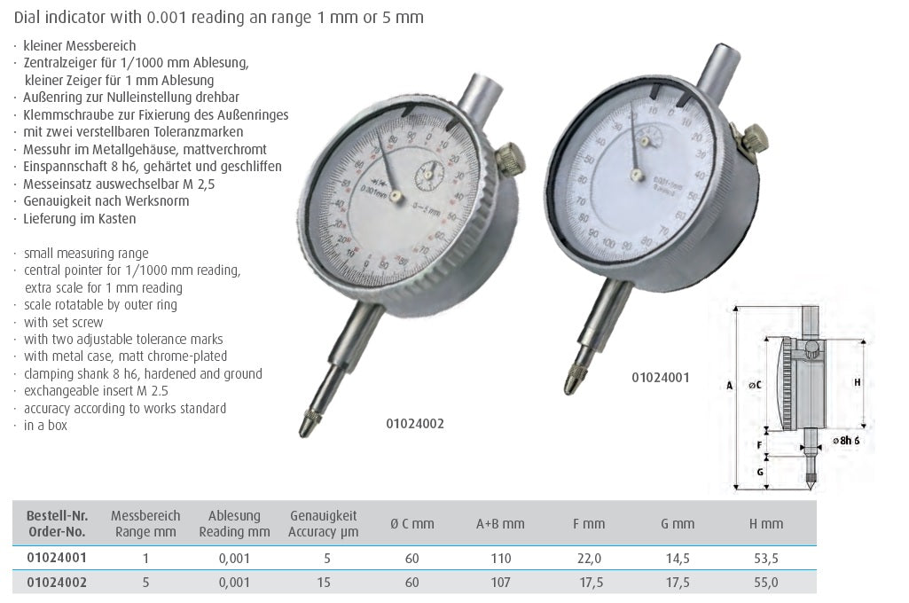 Dial indicator, range 5mm, 0.001 reading, Accuracy 15um (MIB Germany)